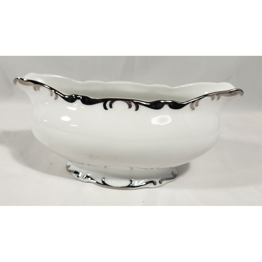 MIKASA Marlboro GRAVY BOAT Fine China white silver scallop trim 9267 Japan EUC